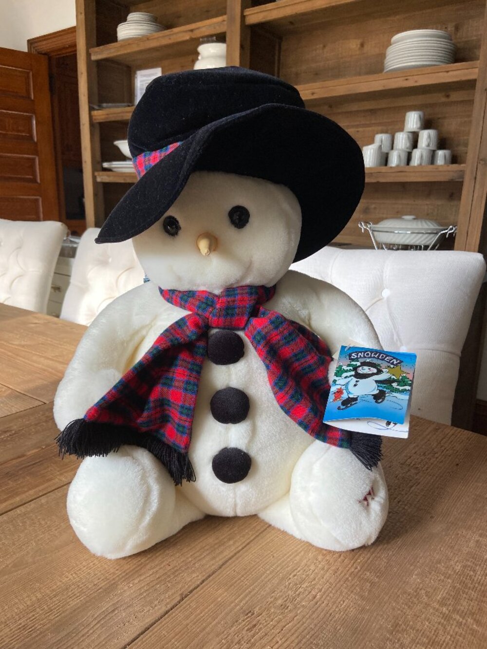 vintage snowden snowman plush, 1997 snowman stuffed animal, christmas